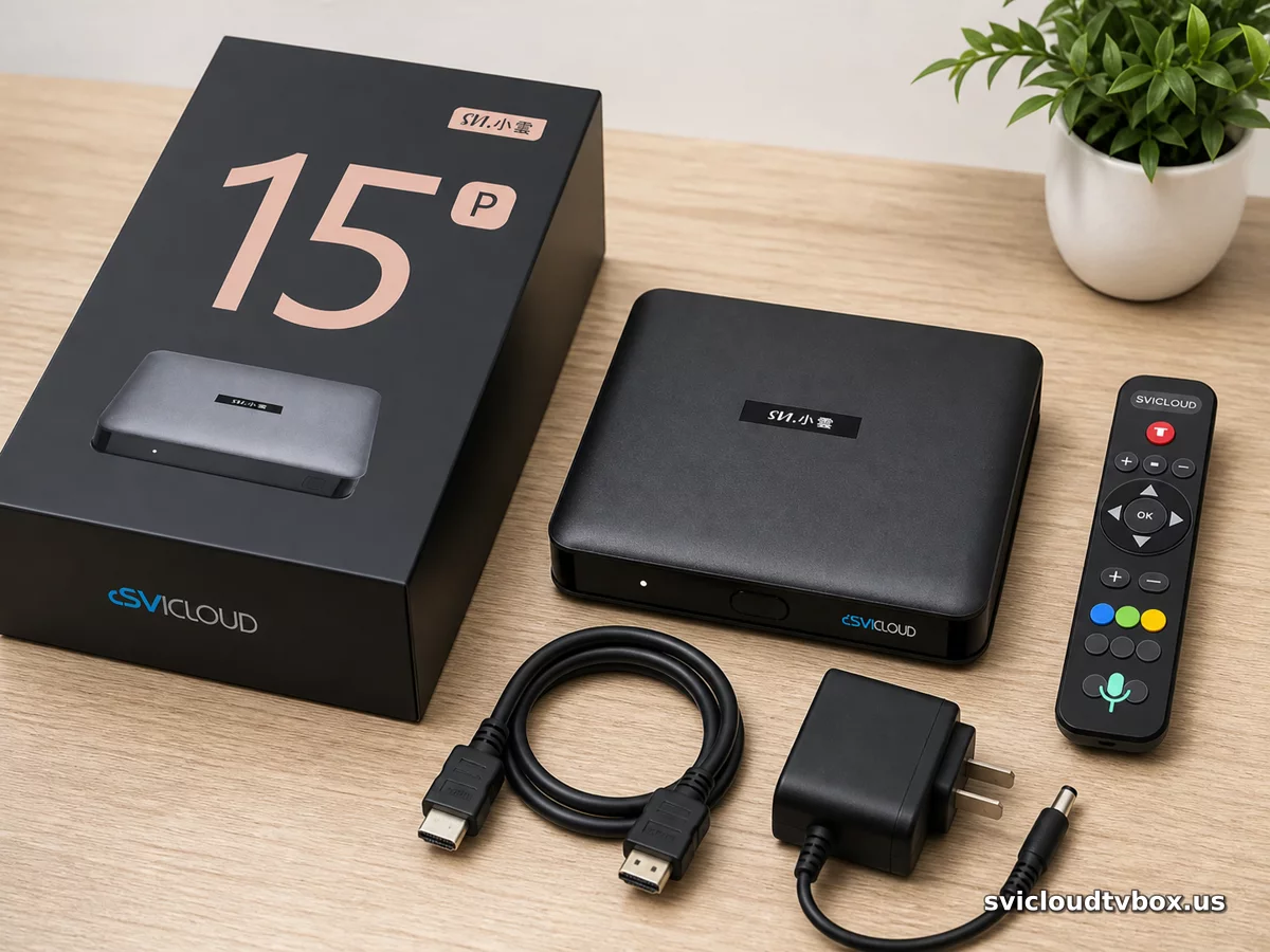 SVICLOUD 15P retail box, TV box, Bluetooth voice remote, HDMI cable, and power adapter