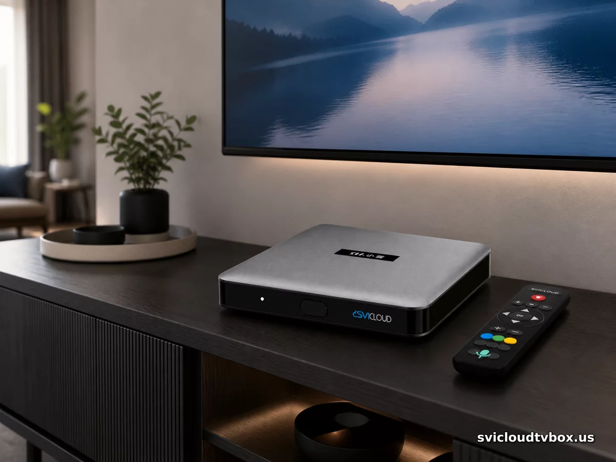 SVICLOUD 15P TV box and Bluetooth voice remote on a living room media console